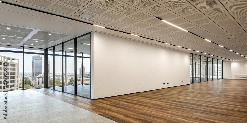A large empty wall in a contemporary corporate office with a minimalist ceiling and polished wooden flooring, minimalist style, empty wall, clean lines, corporate interior A large empty wall in a contemporary corporate office with a minimalist ceiling and polished wooden flooring, minimalist style, empty wall, clean lines, corporate interior