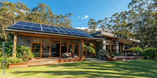Obraz na płótnie Australian home with solar panels on the roof, highlighting sustainable energy in a sunny location.