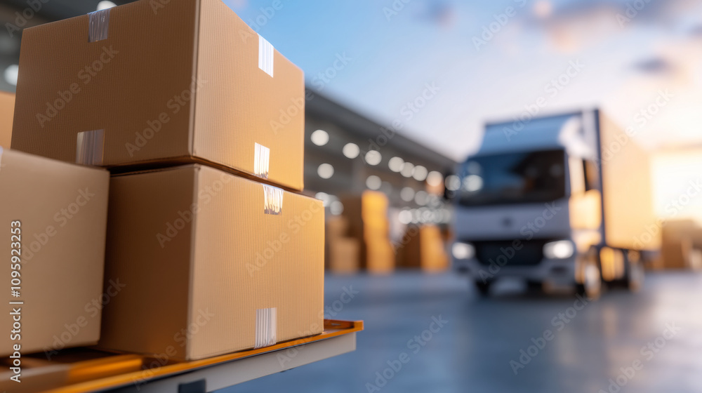 Delivery Truck Approaching a Warehouse With Stacked Cardboard Boxes on a Pallet During Early Morning Light Delivery Truck Approaching a Warehouse With Stacked Cardboard Boxes on a Pallet During Early Morning Light