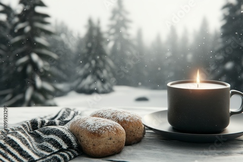 Cozy winter scene candlelit mug, pastries, snowy forest. photo