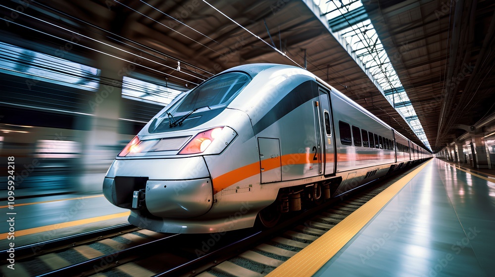 High-Speed Train Zooming Through Modern Railway Station: A Glimpse of Rapid Transit and Urban Infrastructure High-Speed Train Zooming Through Modern Railway Station: A Glimpse of Rapid Transit and Urban Infrastructure