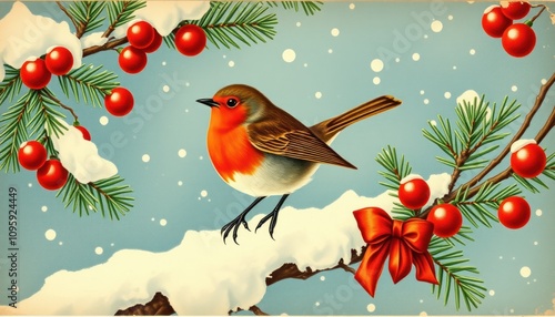 A robin perched on a snow-covered branch adorned with red berries and a festive bow, set against a vintage-style winter background. photo