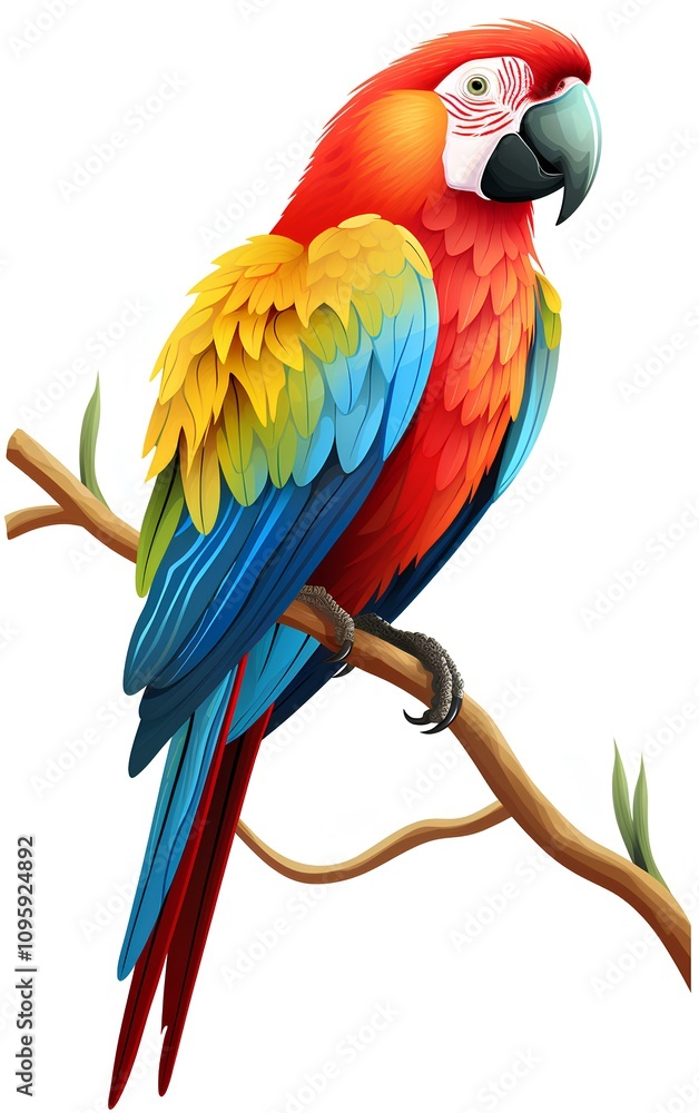 Obraz premium Vibrant Scarlet Macaw Perched on a Branch: A Detailed Illustration of a Tropical Bird with Vivid Red, Blue, and Yellow Plumage