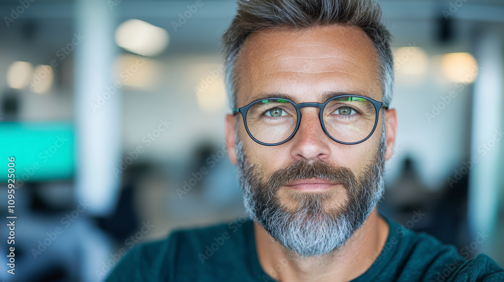 Man With Glasses and a Beard Smiles Confidently in a Modern Office Environment Filled With Blurred Workstations and Soft Lighting Man With Glasses and a Beard Smiles Confidently in a Modern Office Environment Filled With Blurred Workstations and Soft Lighting