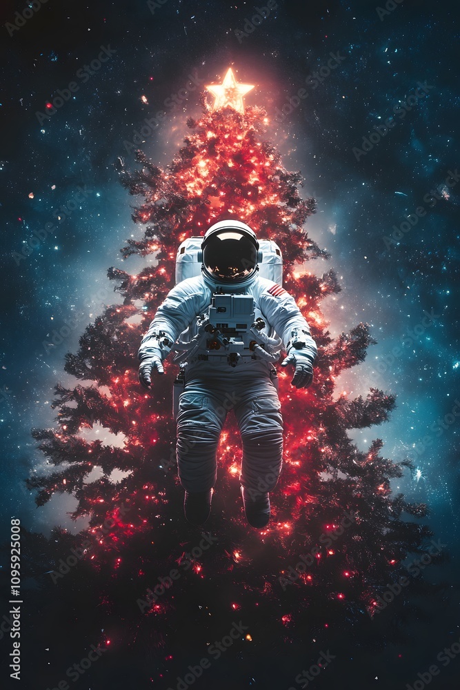 An astronaut floats in space with a glowing Christmas tree behind him. An astronaut floats in space with a glowing Christmas tree behind him.