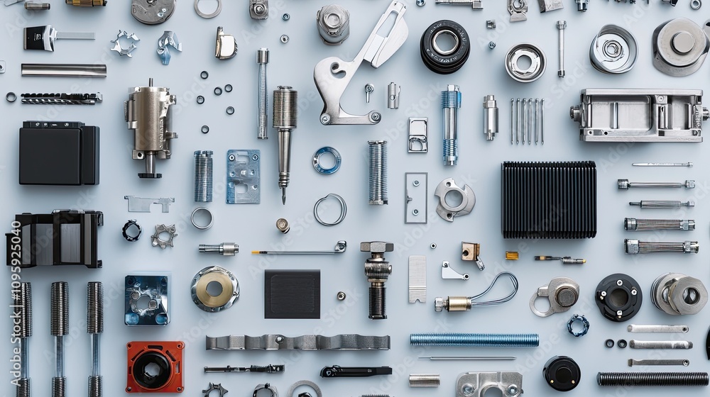 Obraz premium Assorted Mechanical Components and Tools on Blue Background