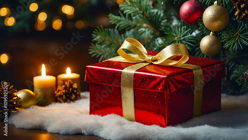 Un cadeau de Noël rouge avec un ruban doré posé au pied du sapin dans un décor de fêtes de fin d'année avec des boules de noël et des bougies