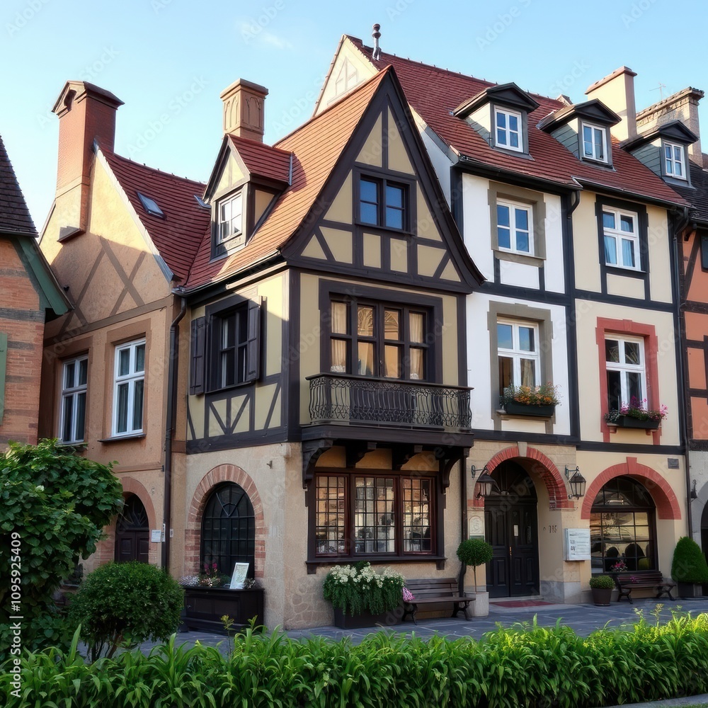 Charming European-style houses with timber framing, arched entrances, and flower boxes. Charming European-style houses with timber framing, arched entrances, and flower boxes.
