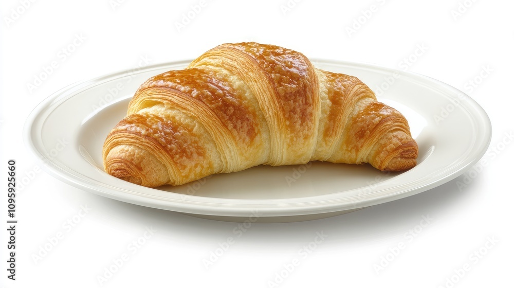 Golden Flaky Croissant on White Plate in Minimalist Display Golden Flaky Croissant on White Plate in Minimalist Display