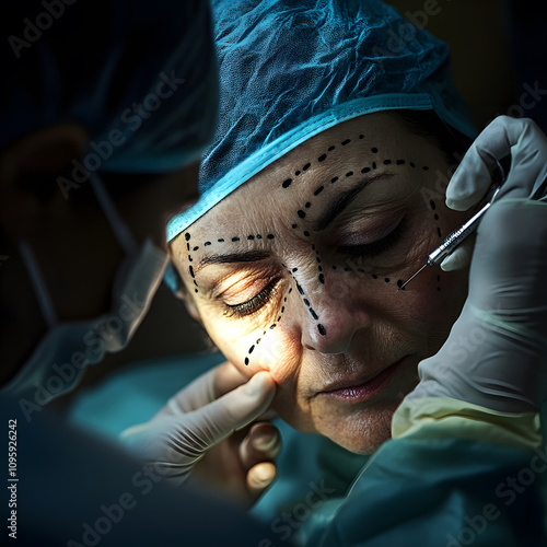Surgeon performing facial markings for cosmetic procedure in operating room clinical environment close-up viewpoint medical concept