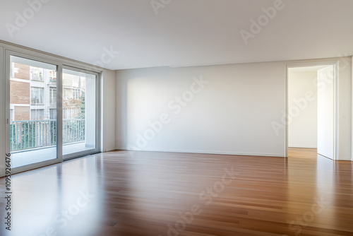 Wallpaper Mural Spacious and bright empty living room with large windows and wooden flooring Torontodigital.ca