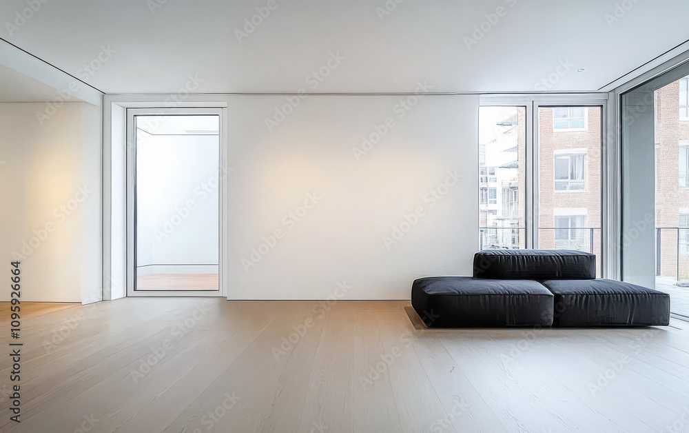 Fototapeta premium Modern minimalist interior design featuring a black sofa and large windows in a spacious room