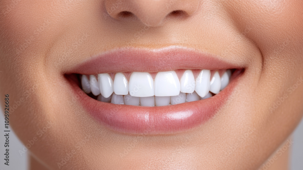 Naklejka premium Bright and Healthy Smile Showcasing Perfect Teeth and Flawless Lips With Natural Shine, Emphasizing Dental Care and Oral Hygiene in a Well-Lit Indoor Setting