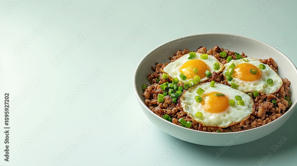 Savory Breakfast Bowl with Fried Eggs and Ground Meat on Table Savory Breakfast Bowl with Fried Eggs and Ground Meat on Table