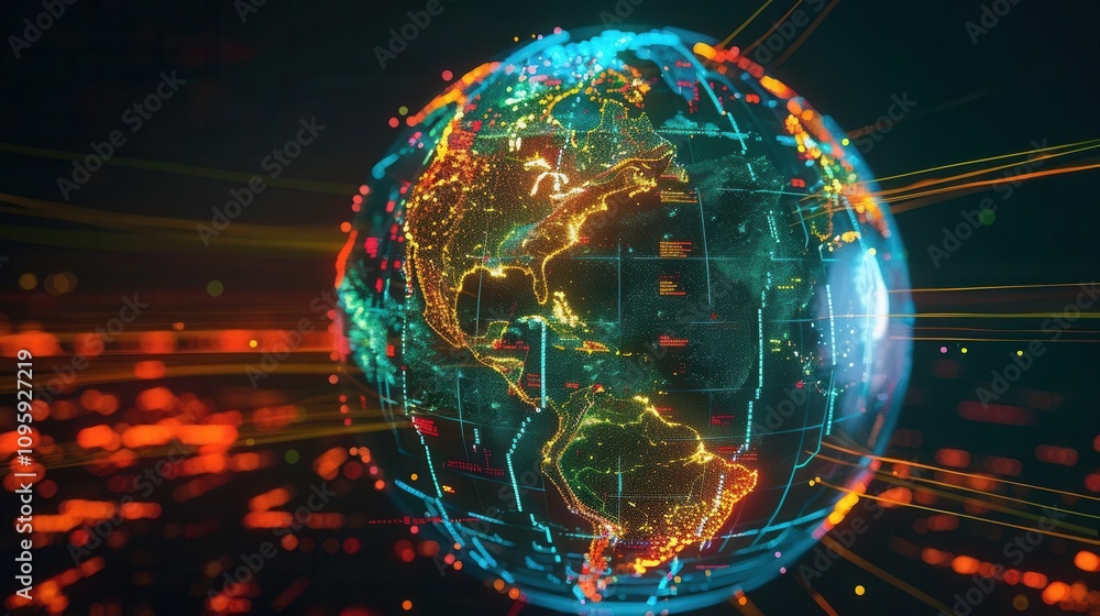 Obraz premium Visualizing Global Data Holographic Globe in High-Tech Environment