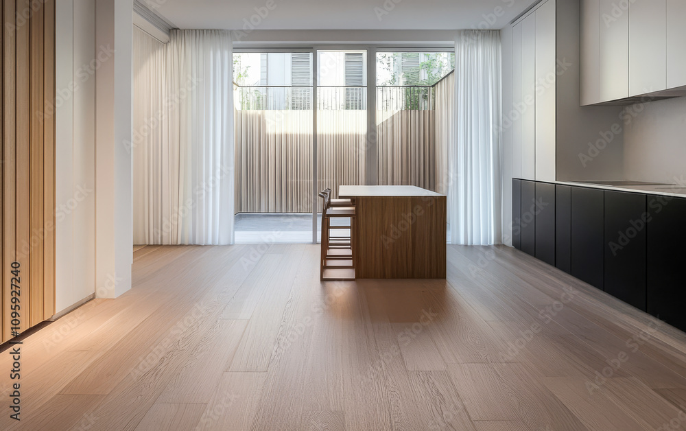 Fototapeta premium Spacious modern kitchen with wooden accents and natural light in contemporary apartment