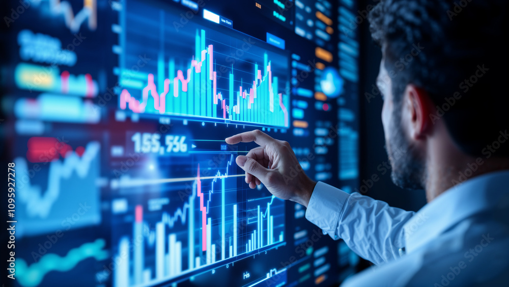 Portrait of a finance professional tapping a touchscreen which displays a virtual financial chart Portrait of a finance professional tapping a touchscreen which displays a virtual financial chart