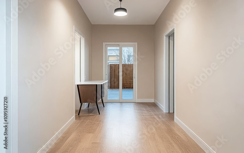 Bright hallway leading to patio area with modern design and minimalist furniture