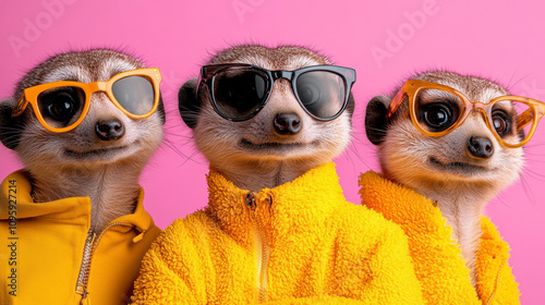 Three Playful Meerkats Wearing Sunglasses and Bright Yellow Jackets Pose Against a Vibrant Pink Background, Showcasing Their Fun Personalities and Charm