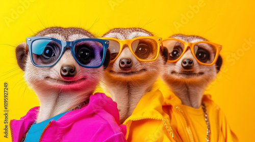 Three Cheerful Meerkats Wearing Colorful Sunglasses and Stylish Jackets Stand Together Against a Bright Yellow Background, Exuding a Playful and Vibrant Energy