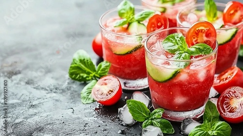 Refreshing Watermelon Cocktail with Ice, Slices of Tomato and Cucumber Garnished with Fresh Basil on Dark Background for Summer Vibes