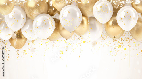 A festive scene with a backdrop of white and gold balloons and confetti. high contrast, have a space at the center