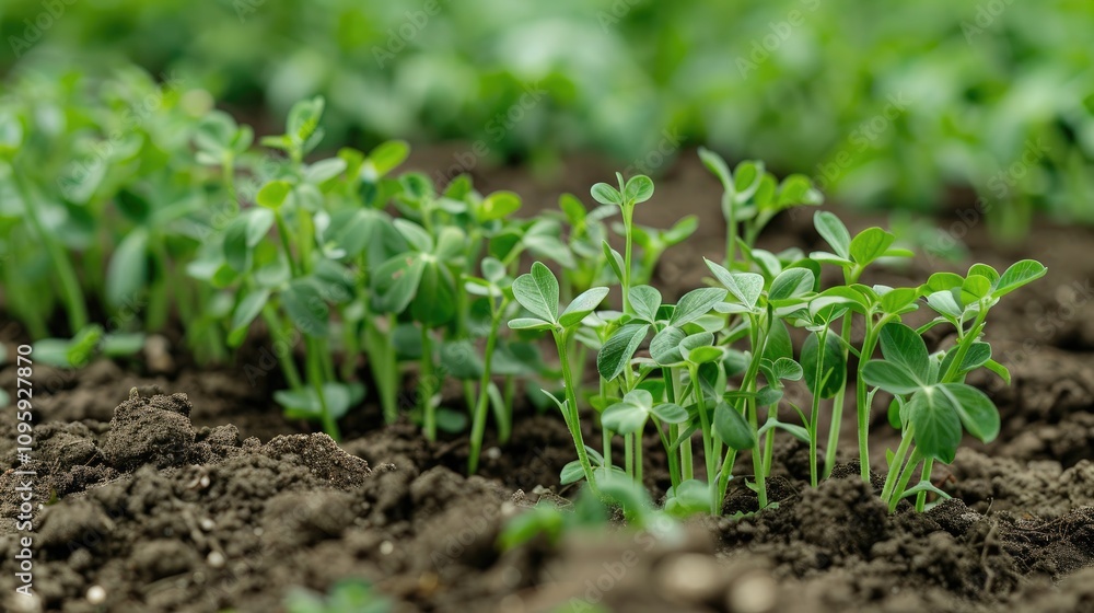 Lush green seedlings in fertile soil. Perfect for illustrating agriculture, growth, or spring themes. Lush green seedlings in fertile soil. Perfect for illustrating agriculture, growth, or spring themes.