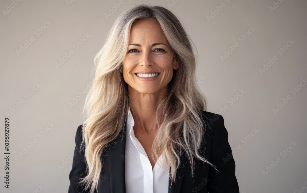 Confident woman in a professional outfit smiles warmly against a neutral background Confident woman in a professional outfit smiles warmly against a neutral background