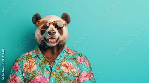 Panda Wearing Sunglasses and Floral Shirt Poses Against Vibrant Blue Background in Playful and Humorous Fashion photo