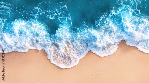 Aerial View of Turquoise Ocean Waves Crashing on Sandy Beach