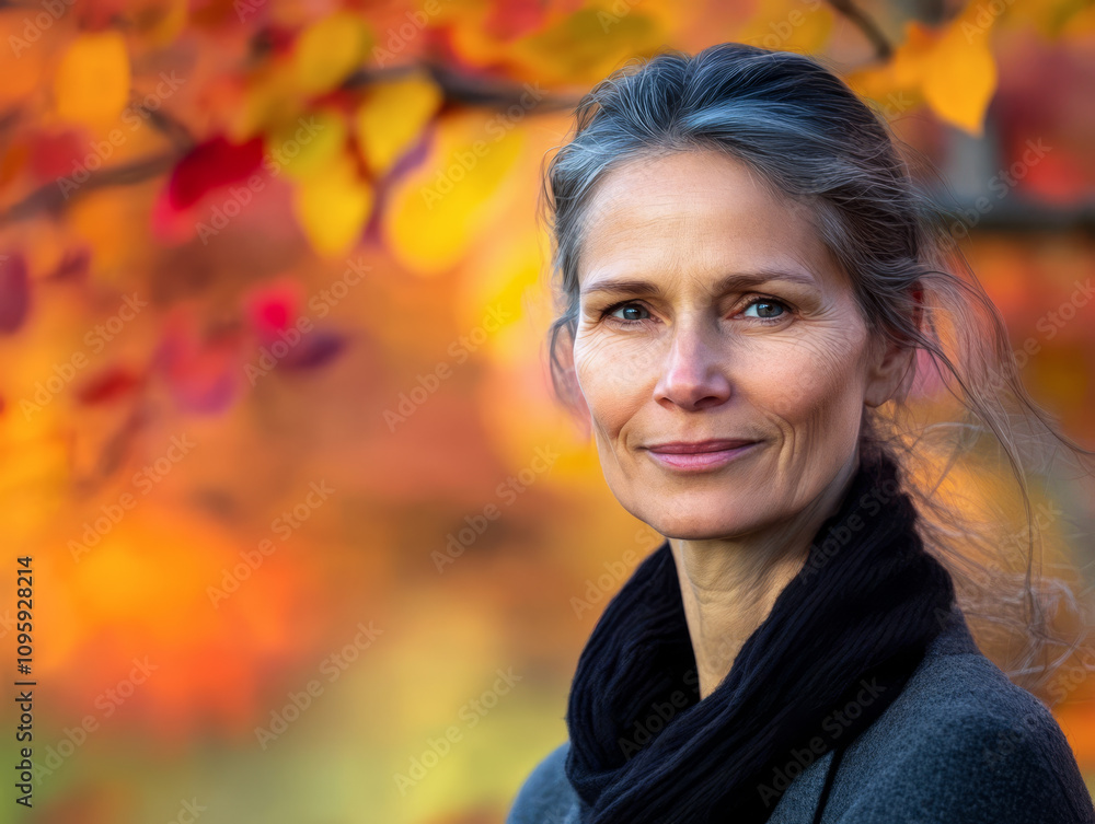 Middle aged woman a serene expression enjoying autumn in a park with a colorful leaves background Middle aged woman a serene expression enjoying autumn in a park with a colorful leaves background