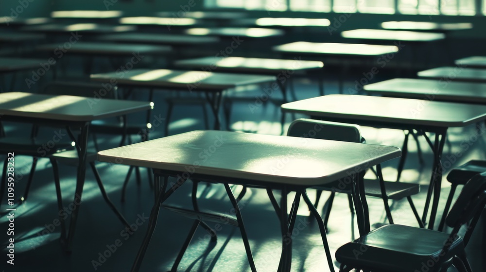 Empty school cafeteria tables during off-peak hours, a serene moment of reflection on the passage of time and the transient nature of youth. Empty school cafeteria tables during off-peak hours, a serene moment of reflection on the passage of time and the transient nature of youth.
