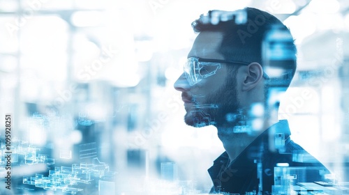Industrial Worker with Double Exposure in Factory Setting