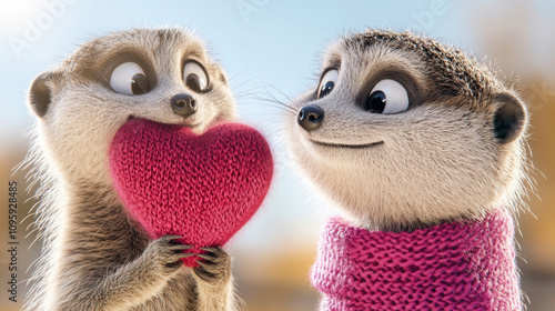 Cute Meerkats Share a Moment of Affection With a Heart-Shaped Gift During a Sunny Day in a Vibrant Outdoor Setting