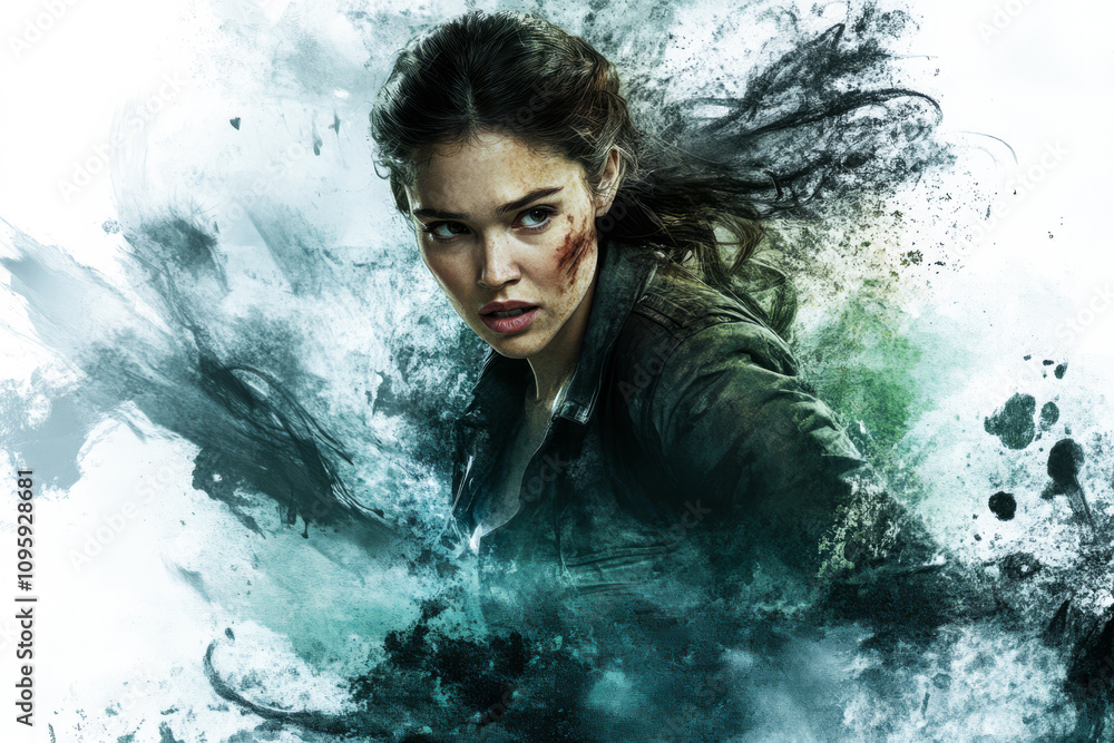 Obraz premium Woman in dramatic action pose amidst swirling colors and effects 