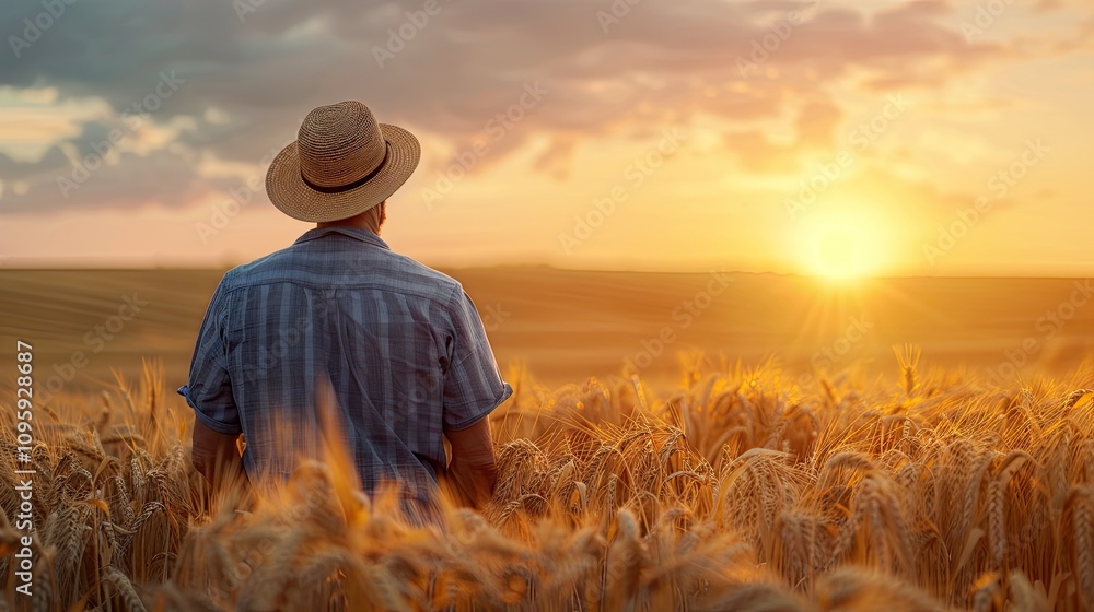 Fototapeta premium Farmer in sunset wheat field. Shows the beauty of harvest and rural life.