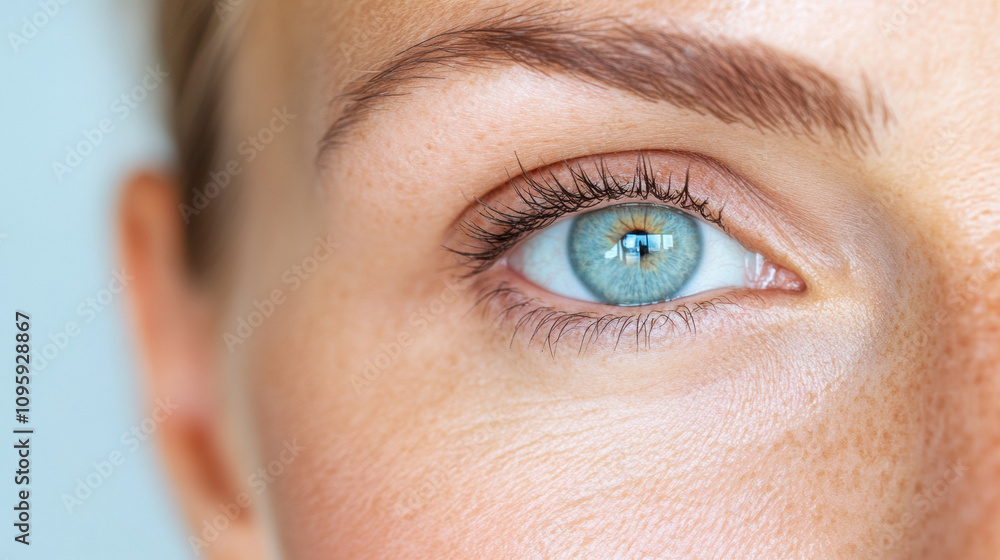 Obraz premium Close-up View of a Person\'s Blue Eye Revealing Detailed Features and Reflections in the Iris, Showcasing the Intricacies of Human Vision and Beauty