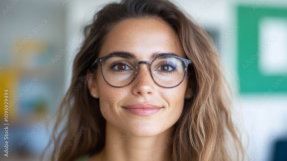Cheerful Young Woman in Stylish Glasses Smiling Warmly in a Bright Office Environment During Daytime Cheerful Young Woman in Stylish Glasses Smiling Warmly in a Bright Office Environment During Daytime