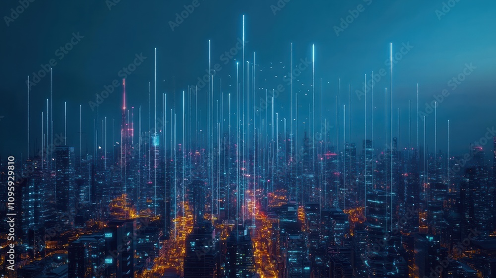 A futuristic cityscape lit up by neon lights, with glowing lines in the night sky. A futuristic cityscape lit up by neon lights, with glowing lines in the night sky.