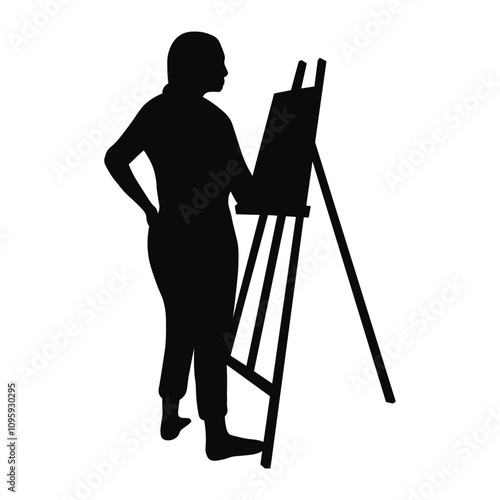 Artist Painting Silhouette on White Background, Vector Illustration.