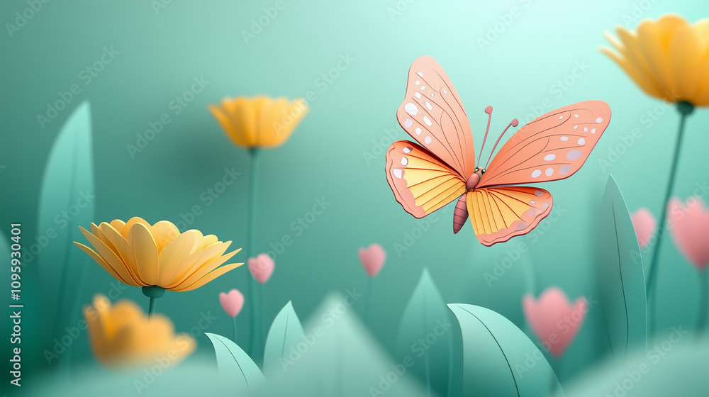 Fototapeta premium cartoon of butterfly with flower for background, free space for text