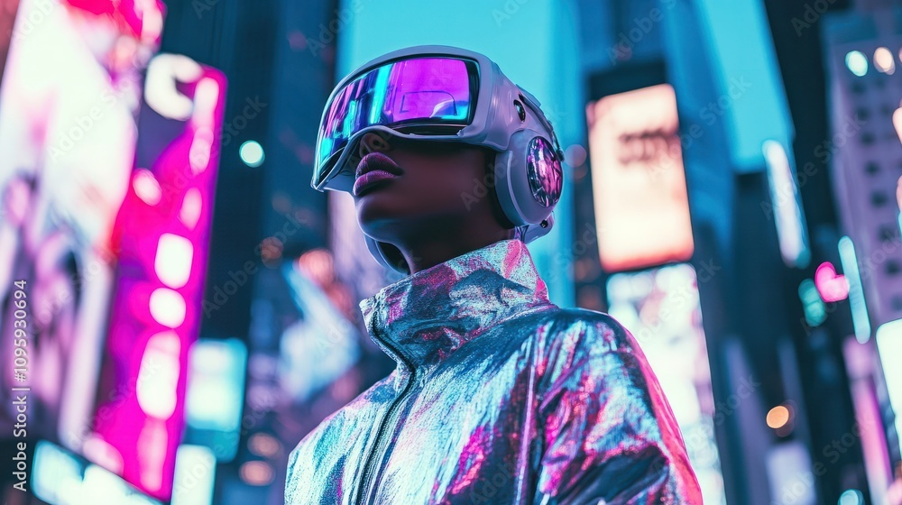 A futuristic OOTD with holographic materials, metallic jacket, and high-tech accessories, posed in a high-tech cityscape A futuristic OOTD with holographic materials, metallic jacket, and high-tech accessories, posed in a high-tech cityscape