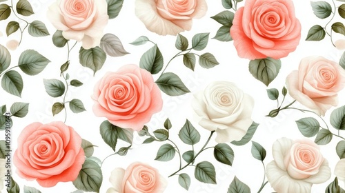 Seamless pattern of realistic peach and white roses and green leaves on white background.