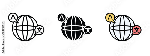 Language icon, set of three global language icons, language translator