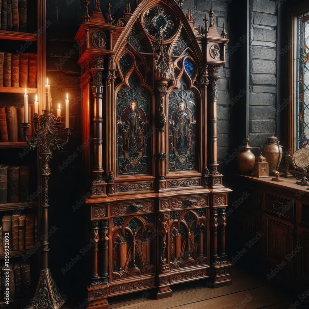 Obraz premium A cozy Gothic-style living room featuring dark wood furniture with intricate carvings, large Gothic windows with stained glass, and a modern computer setup on an antique desk. Soft lighting from candl