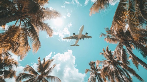 32.A clear blue sky with fluffy white clouds and tall, swaying coconut trees lining a pristine tropical beach. An airplane is seen soaring above, heading toward the glistening turquoise sea, evoking photo