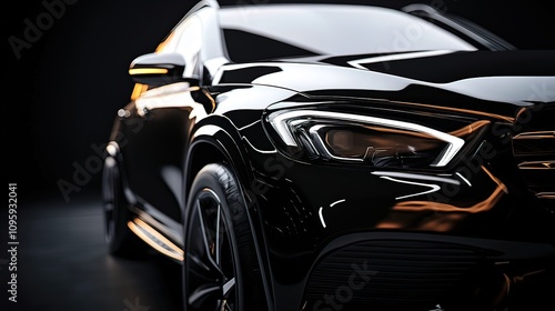 Close-up of a sleek, black luxury SUV against a dark background, showcasing its headlights and design details.