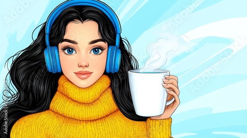 Woman with Headphones Hot Drink Cozy Winter Pop Art Style