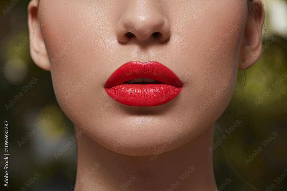 Fototapeta premium Close-up of bright red lipstick on plumped, Botox-treated lips