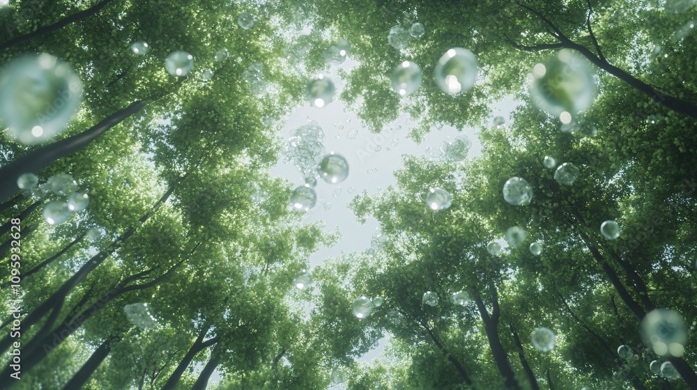 Fototapeta premium 64.A detailed image of green tree canopies in a forest, releasing oxygen into the sky as tiny bubbles of O2. The scene highlights natureâ€™s purifying process, showcasing the role of forests in